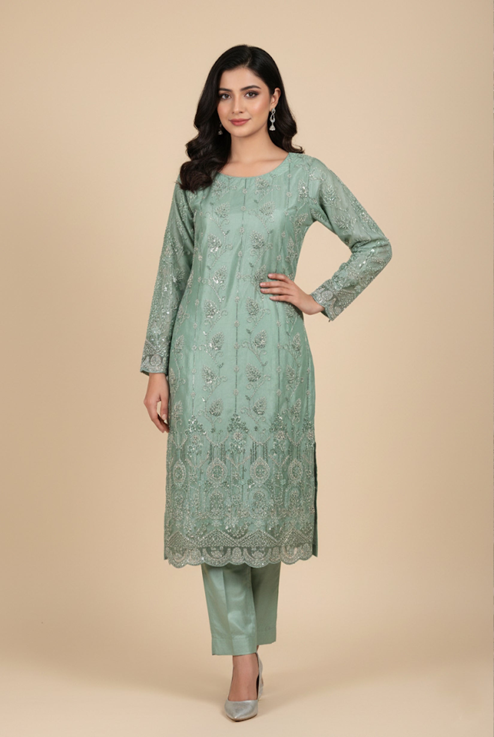 Mint Embroidered Net Suit