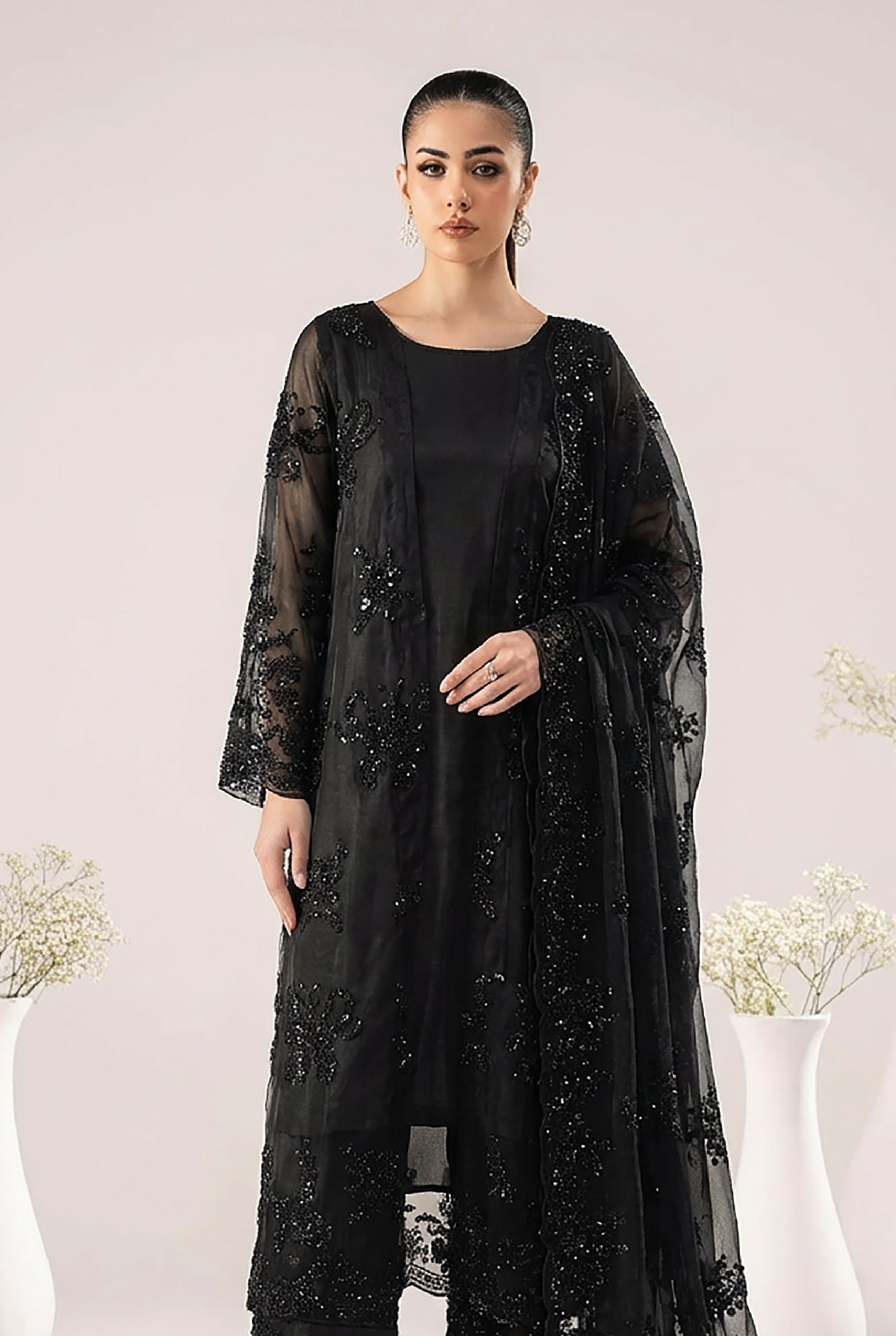 Midnight Black Embroidered Sequin Floral Suit