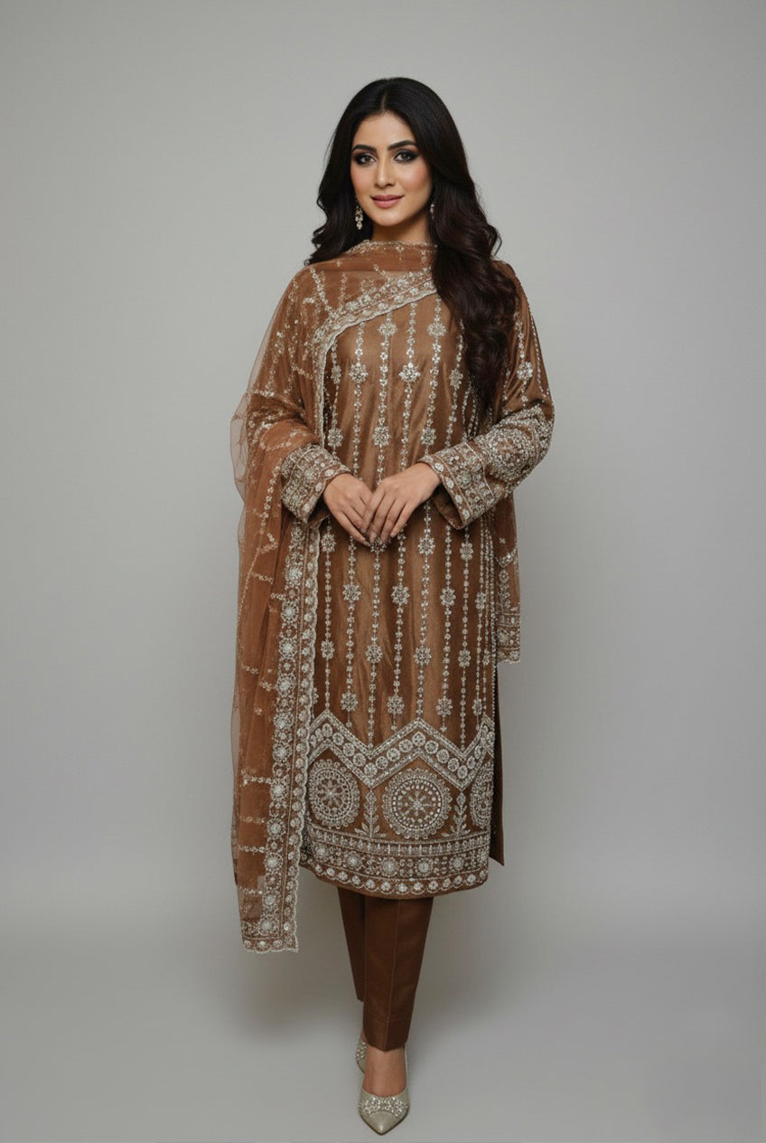Embellished Caramel Net Suit