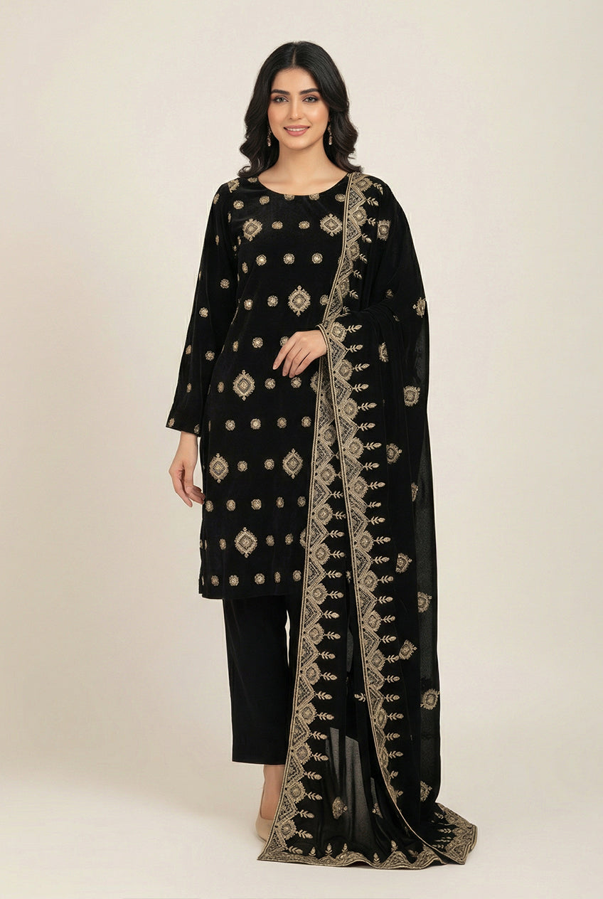 Black Velvet Shalwar Kameez with Intricate Gold Embroidery