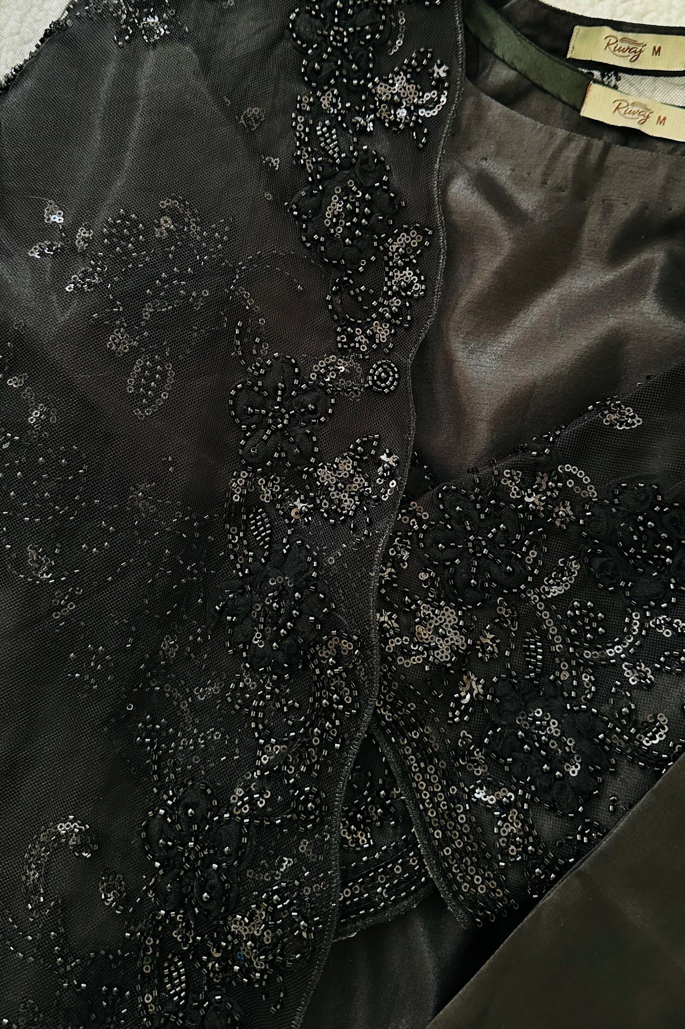 Midnight Black Embroidered Sequin Floral Suit