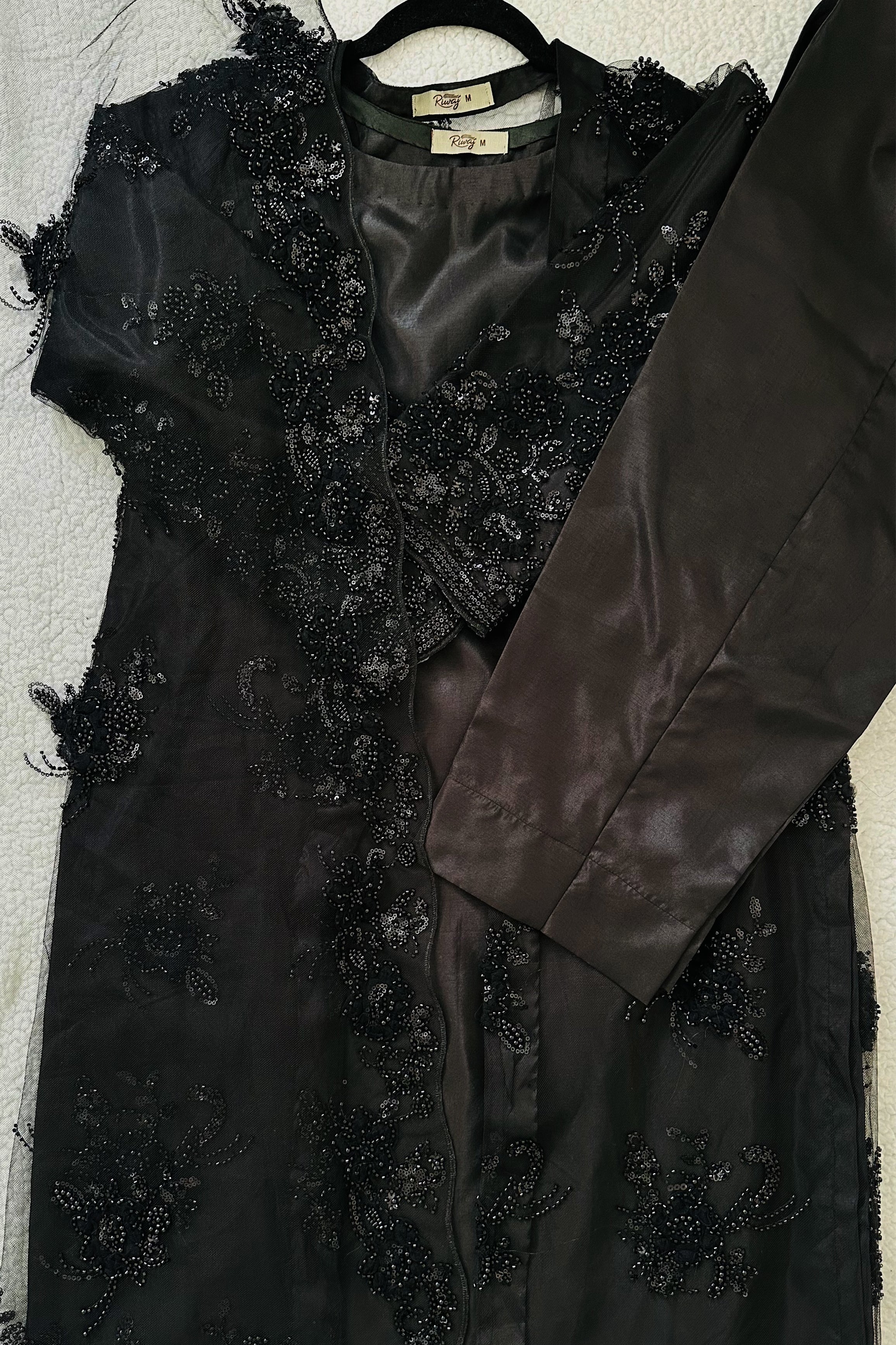 Midnight Black Embroidered Sequin Floral Suit