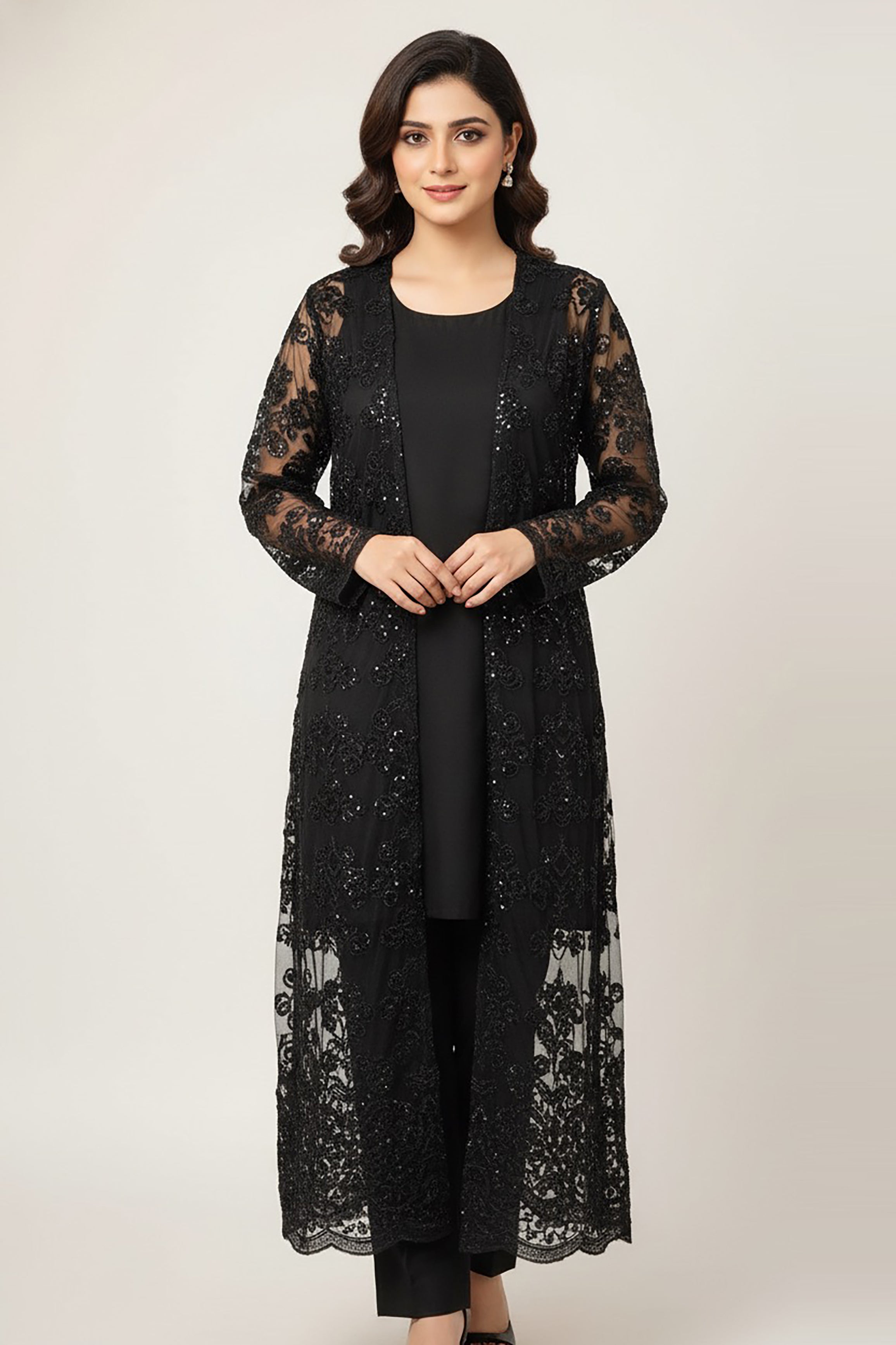 Midnight Black Embroidered Sequin Floral Suit