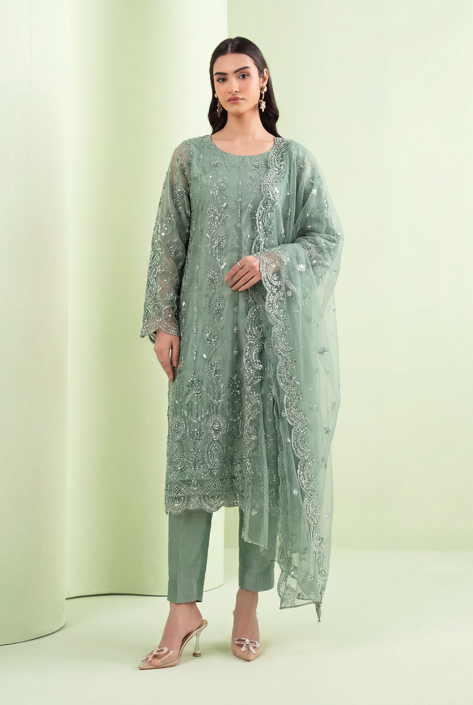 Mint Embroidered Net Suit