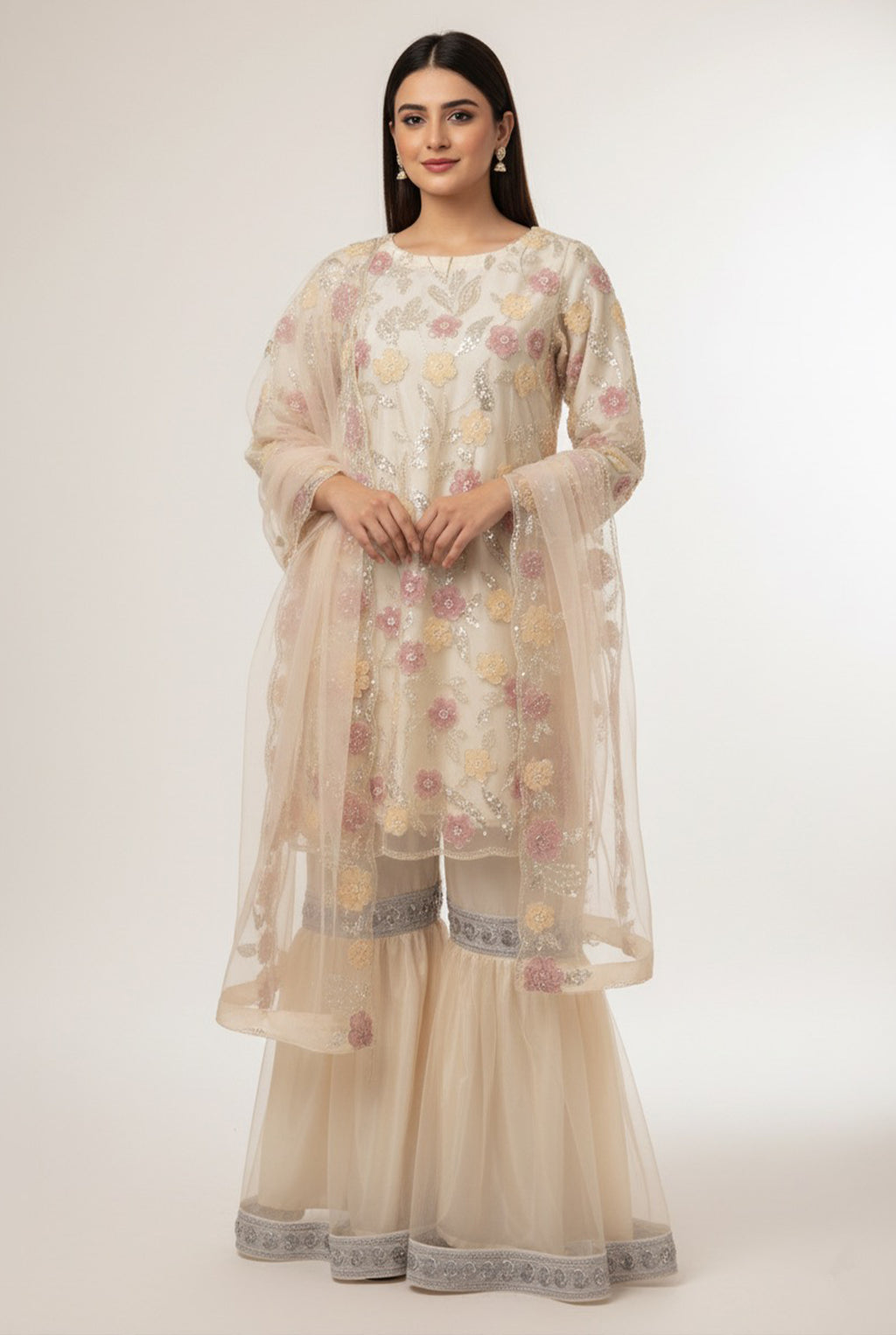 Peach Net Sharara Suit-3D Floral & Pearl Embroudery