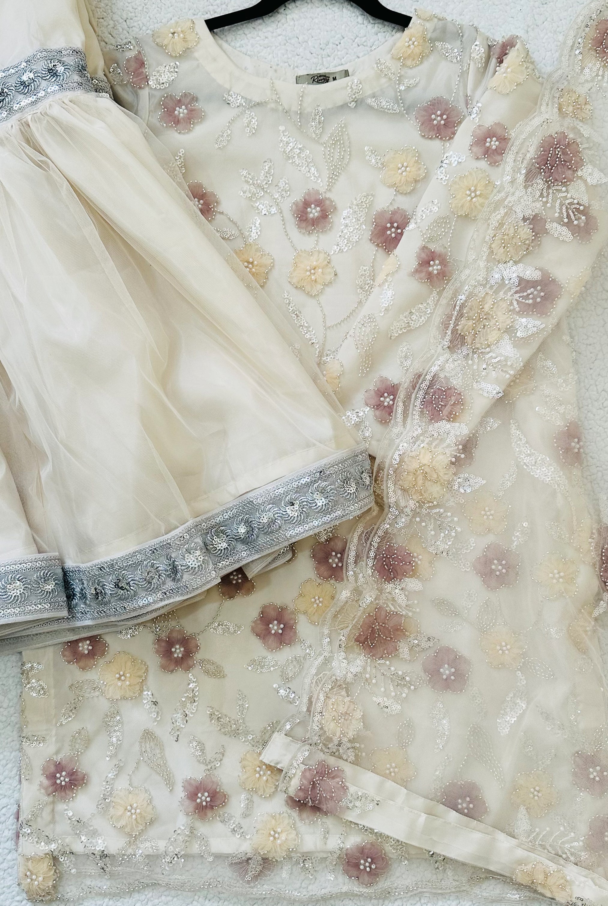 Peach Net Sharara Suit-3D Floral & Pearl Embroudery